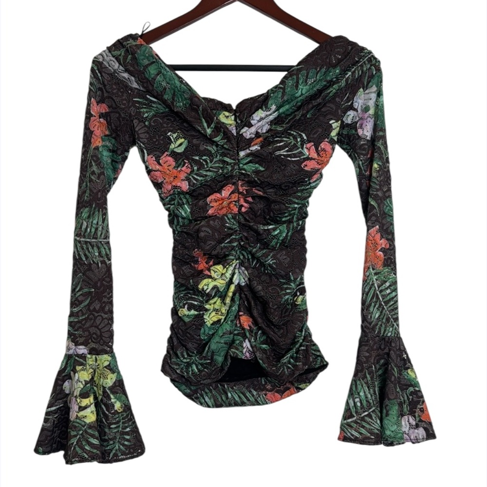 Caroline Constas Orange and Green Ruched lace Bell Sleeve Blouse Sz xs